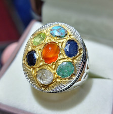 Multistone Aqeeq Ring, Emerald Sapphire Peridot Ring For Men, Natural Turquoise,