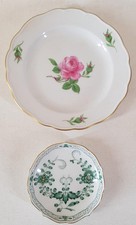 Two Fine Meissen Porcelain plates, Indian Flower Green Pin Dish & Pink Rose dish