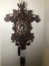 ANTIQUE BLACK FOREST QUAIL CUCKOO CLOCK, BEAUITFUL ROE DEER AND WOLF HEAD LARGE