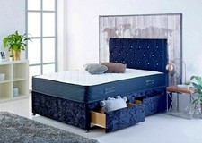 NEW BLUE CRUSHED VELVET DIVAN BED & MATCHING MATTRESS FREE 20" PLAIN HEADBOARD