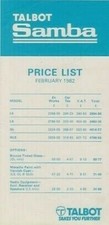 Talbot Samba Prices & Optional Extras 1982 UK Market Single Sheet Brochure FAIR