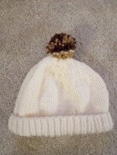 Doll / Teddy Bear Cream Hand Knitted Bobble Hat with Brown Multi Pom Pom