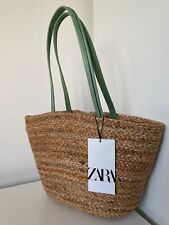 ZARA PINK  JUTE TOTE BASKET  BAG GREEN  pu leather handles new with tags
