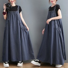 UK Womens Casual Strap Denim Pinafore Dress Long Maxi Dungaree Dresses Plus Size