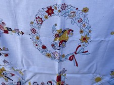 Vintage 1950s Noddy & Friends Printed Tablecloth 34” Square Linen/Viscose VGC