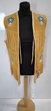 Vintage Ladies Suede Embroidered Flowers Hippy Tassel No Button / Zip Waistcoat