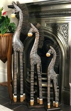 Wooden Brown Zebra Statue Set 60cm 80cm 100cm Zebra Carving Ornament