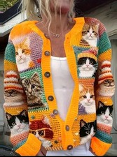 ​😻 Fun & Unique Cat Pattern Cardigan Sweater | Long Sleeve Button Fron UK10...