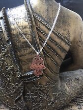 Sterling Silver 925 Necklace with Rose Plated Filagree Hamsa Hand Charm