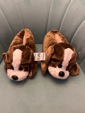 80s Sad Sam Slippers Novelty Dog Brown Plush BNWT 1988 Size Ladies Medium UK3/4