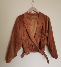 Vintage Tan suede Leather Western Cowgirl Jacket With Tassels Size L Large