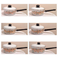 Set Of Six Vintage 60s 70s 80s Pink & Orange Floral Enameled Saucepans With Lids