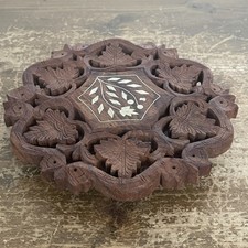 Vintage Wood Wooden Trivet Carved Inlay India Boho Tray Coaster Plant