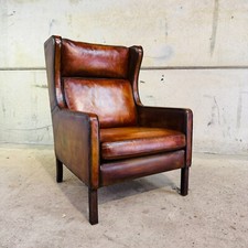 Vintage Danish High-Back Patinated Tan Leather Armchair #A537
