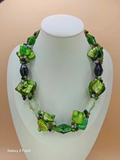 Green Murano-styled Glass Necklace Chunky Bead Jewellery Retro Style Costume Vtg