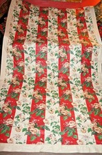 Vintage 50s red white broad stripe pink roses cotton single bedspread / throw