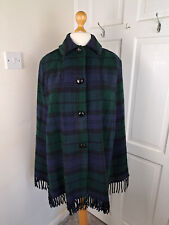 VINTAGE Dark Green Navy Check Tartan Wool Cape/Poncho Fits UK 8-14
