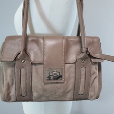 CLARKS Leather and Suede Shoulder Bag Satchel Turn Clasp Beige Taupe