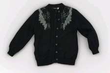 Black Mohair Mix Vtg 80s Oversized Cardigan M- L Black Embroidered & Pockets