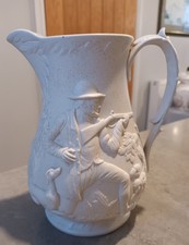 ANTIQUE HUNTER WITH RIFLE AND DOG JUG PARIAN WARE GLAZED INTERIOR 8"  (6)