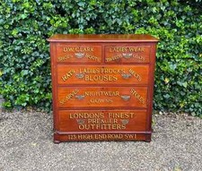 VINTAGE VICTORIAN MAHOGANY SIGN PAINTED CHEST OF DRAWERS