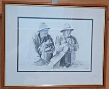 Original Pencil Sketch Drawing Signed Southeast Asia Asian Framed