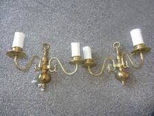 Pair Of Vintage Repro Flemish Style Two Arm Brass Plated Wall Sconces