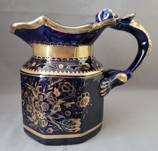 ANTIQUE MASON'S IRONSTONE GOLD FLOWERS MAZARINE BLUE SERPENT HANDLE JUG C1815-25
