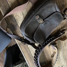 Vintage Dark Brown Leather Cartridge Bag And Cartridge Belt