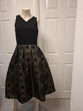 Ted Baker Flamie Jacquard Ballerina Dress  Black Gold Sleeveless V-Neck Size 8