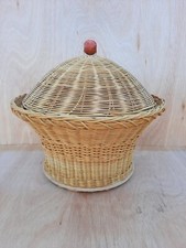 large cane woven basket with large domed lid and wooden knob & base, unknown age