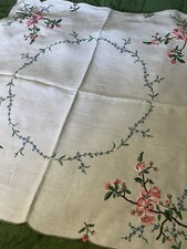 Vintage Hand Embroidered Linen Tablecloth Stunning Raised Cherry Blossom Design