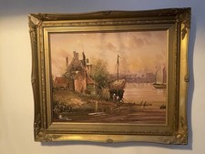Antique Oil On Board Painting Boat/ Old Barn Scene