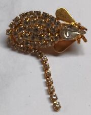 Vintage Golden Mouse Brooch with Crystals and Flexible Tail