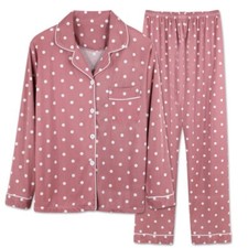 Print Jersey Button Through Pyjama Set Nightwear Dress Ladies Polka Dot