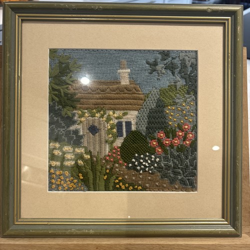 Vintage framed crewel cottage - vintage,