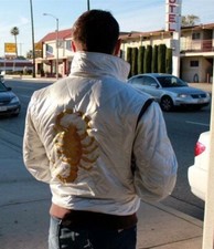 DRIVE Jacket Scorpion White Bomber Satin Quilted Ryan Gosling Costume Outerwear