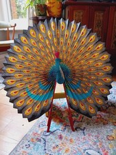 Vintage Hand Painted Peacock Fan, Hand Held, Free Standing, Large, Decorative