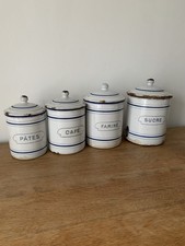4 Antique French Enamel Kitchen Canisters Enamelware Vintage Country Kitchen