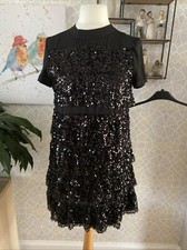 Zara Short Sleeve Black Sequinned Knee Length Dress Size XS