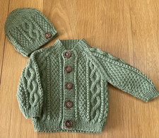Babies Hand-knitted  Aran Pattern cardigan With Hat, Dk 0/3 Months approx