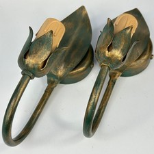 Vintage French Green & Gold Colour Metal Leaves Toleware Pair Wall Light Sconces