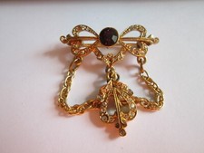 Vintage Signed Sphinx Red Clear Crystal Dangle Drop Gold Plated Brooch Pin Retro