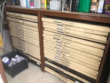 TWO PRINTERS CABINETS WITH 38 FULL TRAYS OF TYPE LETTERPRESS PRINTING