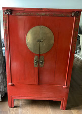 19C Antique Lacquered Chinese Cupboard/Weddin Cabinet With Handcarved Details