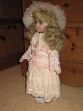 Alberon Collector Porcelain Doll +Stand Lace Dress Baby Pink Coat Frog Fasteners