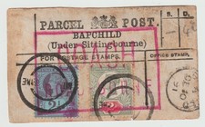 1891 KENT USED PARCEL POST LABEL BAPCHILD SITTINGBOURNE & RED BOXED COACH BORNE
