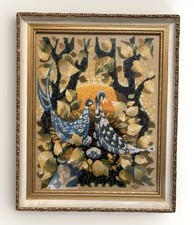 Vintage Mid Century Birds Tapestry Needlepoint Picture Framed Glazed