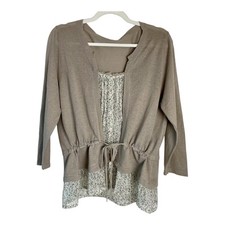 Faux Open Cardigan Blouse Matalan Long Sleeves Khaki White Buttoned Up Size 18