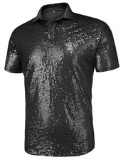 Men's Black Sequin Short Sleeve Polo Shirt XXL Disco Nightclub Party fancy dress